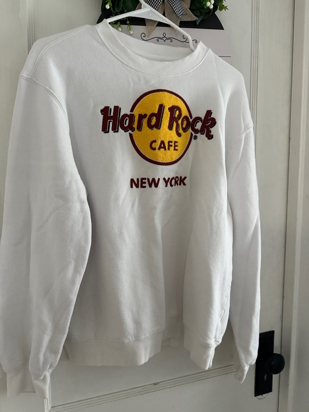 Hard Rock Cafe White Sweatshirt with Yellow and Burgundy Logo Tag